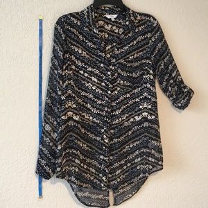 Floral print v neck sheer button down blouse